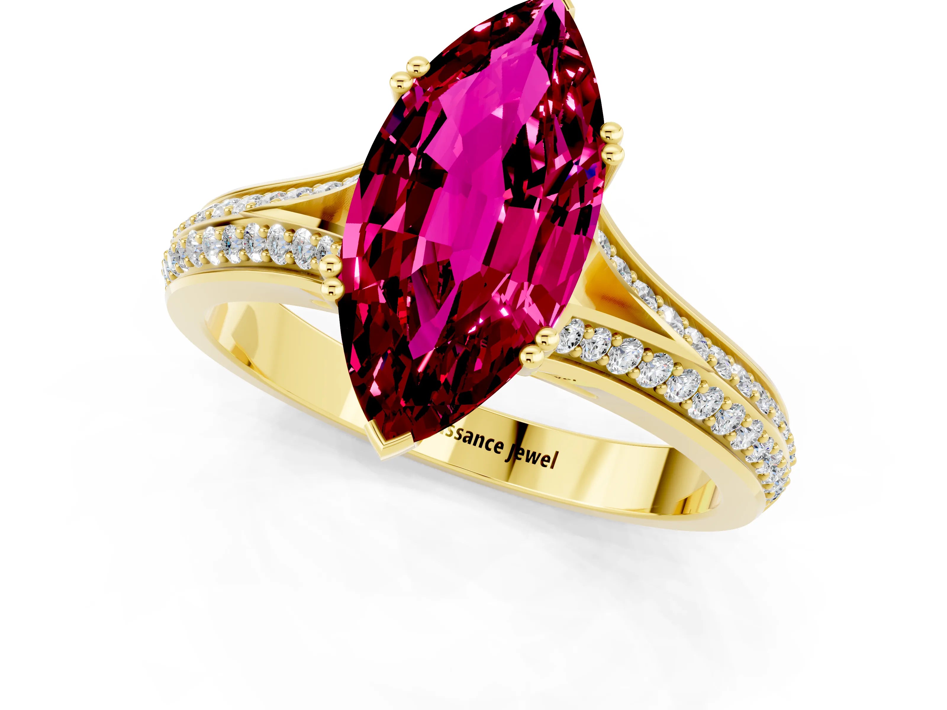 Yellow gold Marquise Cut Garnet Split Shank Engagement Ring with Pavé Band_1