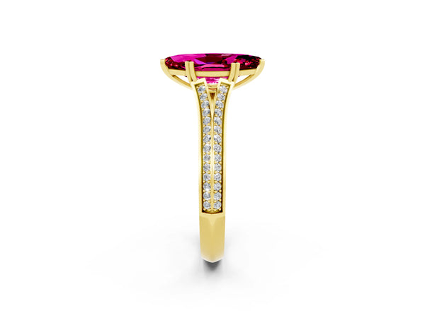 Yellow gold Marquise Cut Garnet Split Shank Engagement Ring with Pavé Band