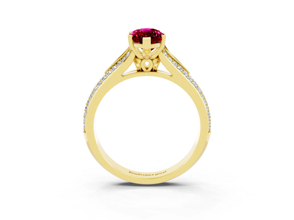 Yellow gold Marquise Cut Garnet Split Shank Engagement Ring with Pavé Band