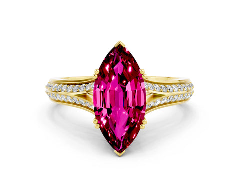 Yellow gold Marquise Cut Garnet Split Shank Engagement Ring with Pavé Band