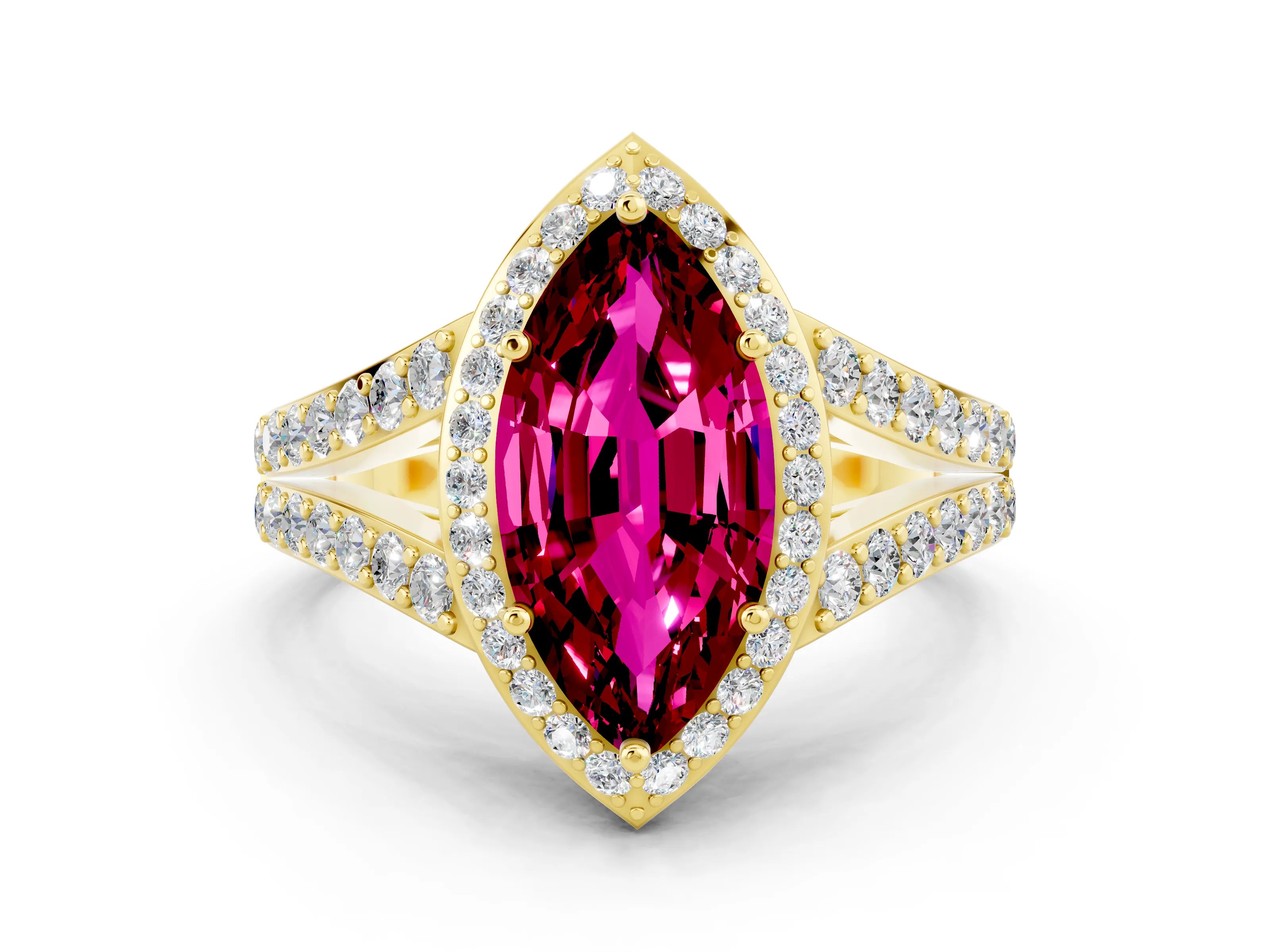 Yellow gold Marquise Cut Garnet Split Shank Halo Ring with Four-Prong Setting_12