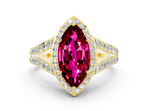 Yellow gold Marquise Cut Garnet Split Shank Halo Ring with Four-Prong Setting_12