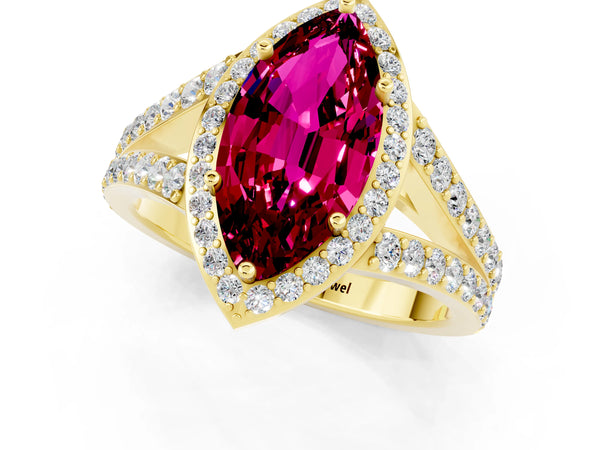 Yellow gold Marquise Cut Garnet Split Shank Halo Ring with Four-Prong Setting