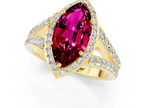 Yellow gold Marquise Cut Garnet Split Shank Halo Ring with Four-Prong Setting_13