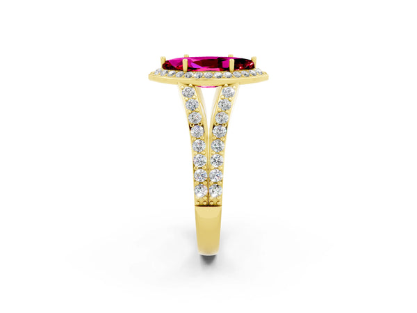 Yellow gold Marquise Cut Garnet Split Shank Halo Ring with Four-Prong Setting