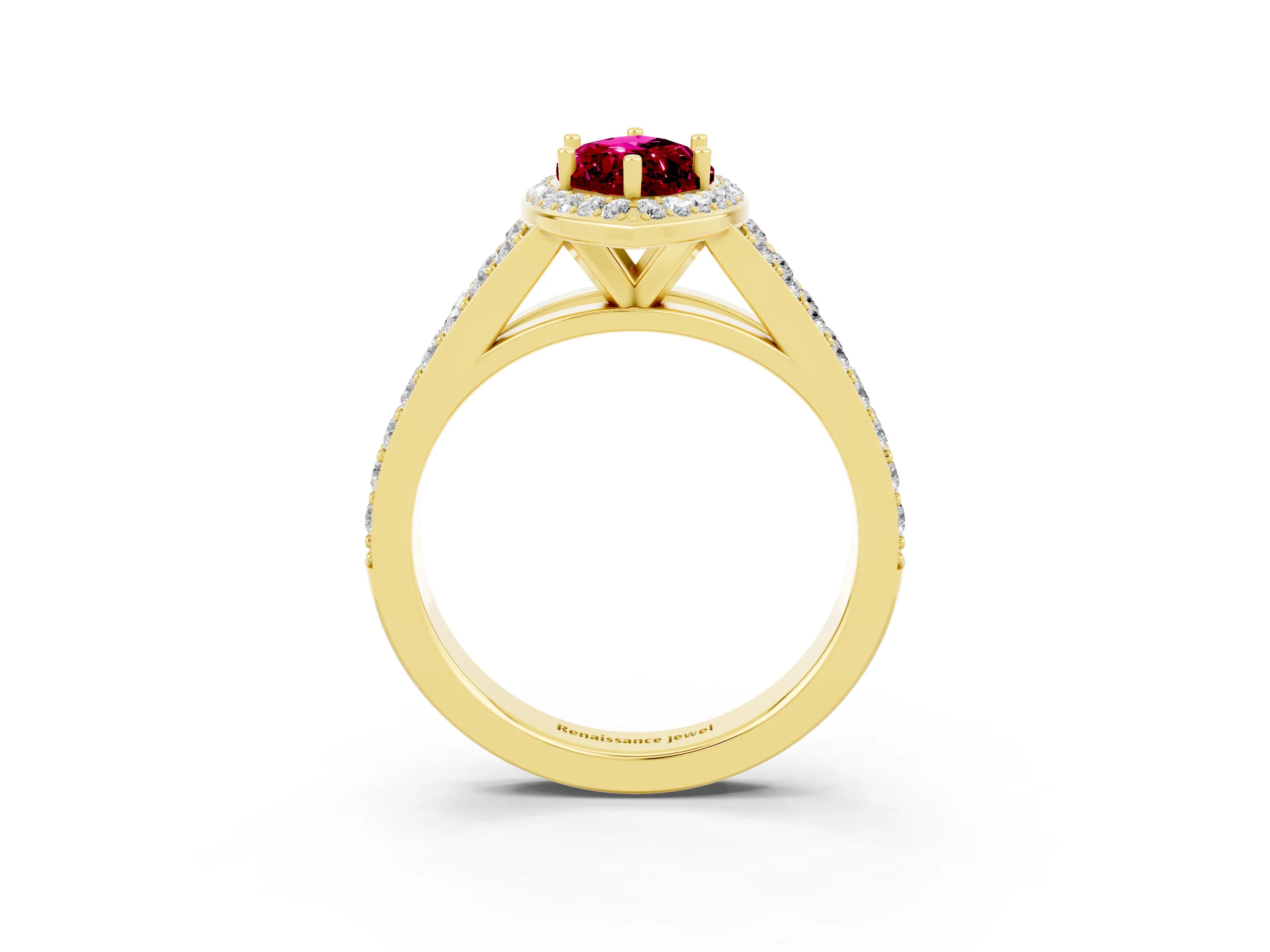 Yellow gold Marquise Cut Garnet Split Shank Halo Ring with Four-Prong Setting_15
