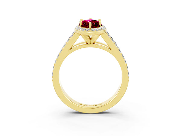 Yellow gold Marquise Cut Garnet Split Shank Halo Ring with Four-Prong Setting