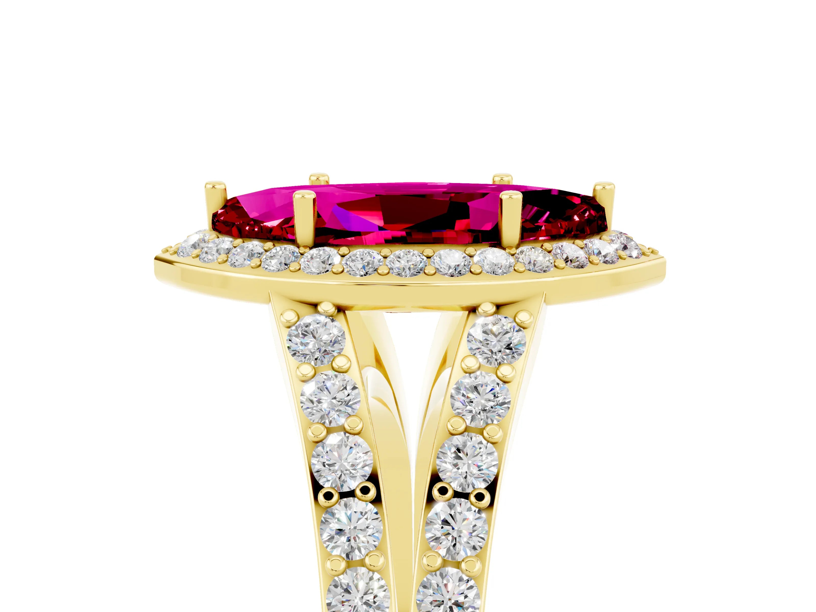 Yellow gold Marquise Cut Garnet Split Shank Halo Ring with Four-Prong Setting_17