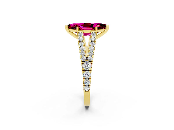 Yellow gold Marquise Cut Garnet Split Shank Pavé Engagement Ring with Four-Prong Setting