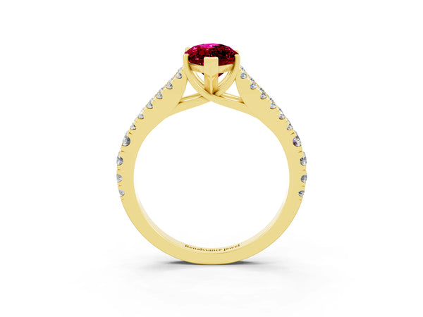 Yellow gold Marquise Cut Garnet Split Shank Pavé Engagement Ring with Four-Prong Setting