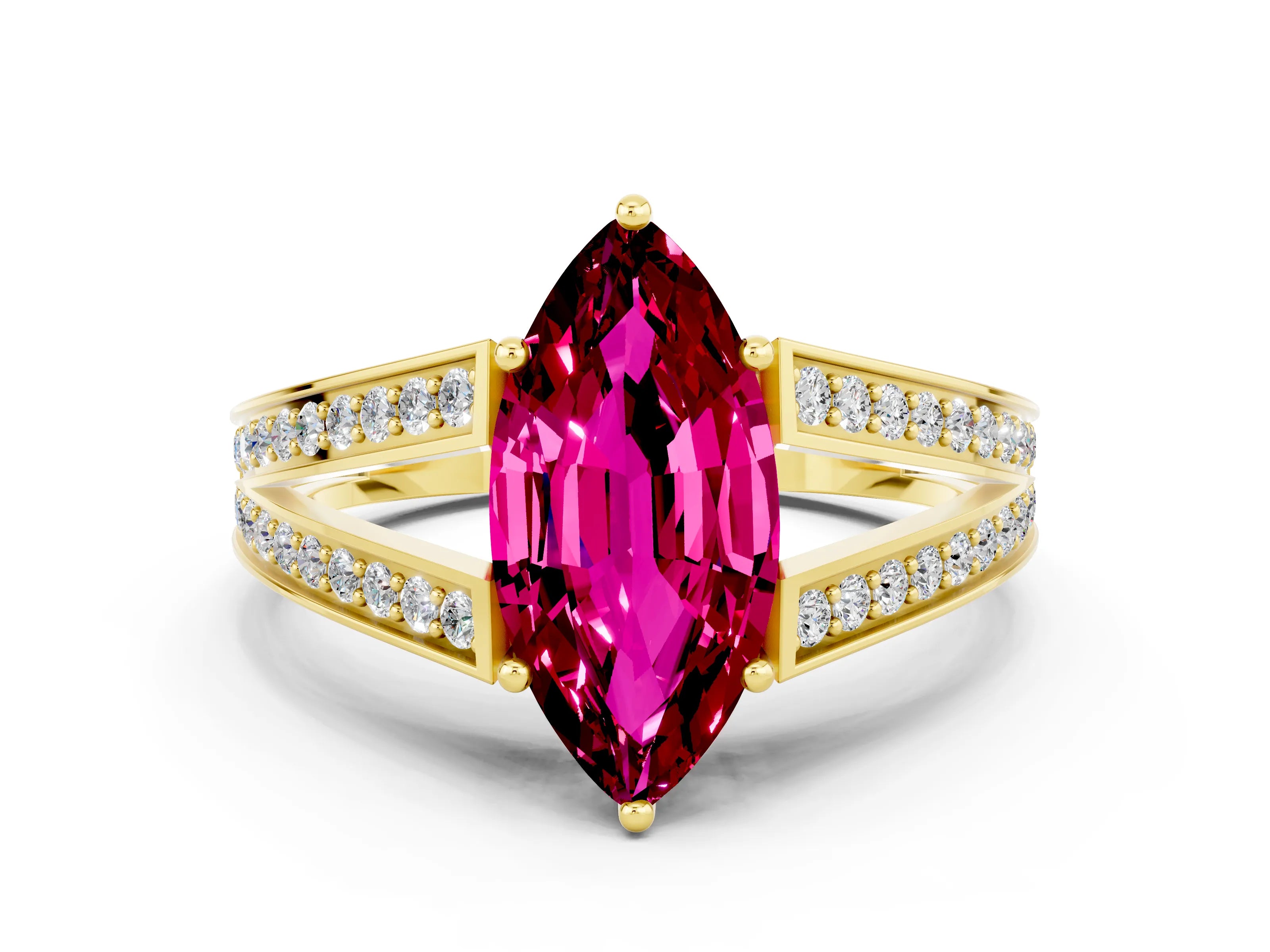 Yellow gold Marquise Cut Garnet Split Shank Ring with Pavé Band and Four-Prong Setting