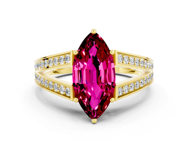 Yellow gold Marquise Cut Garnet Split Shank Ring with Pavé Band and Four-Prong Setting