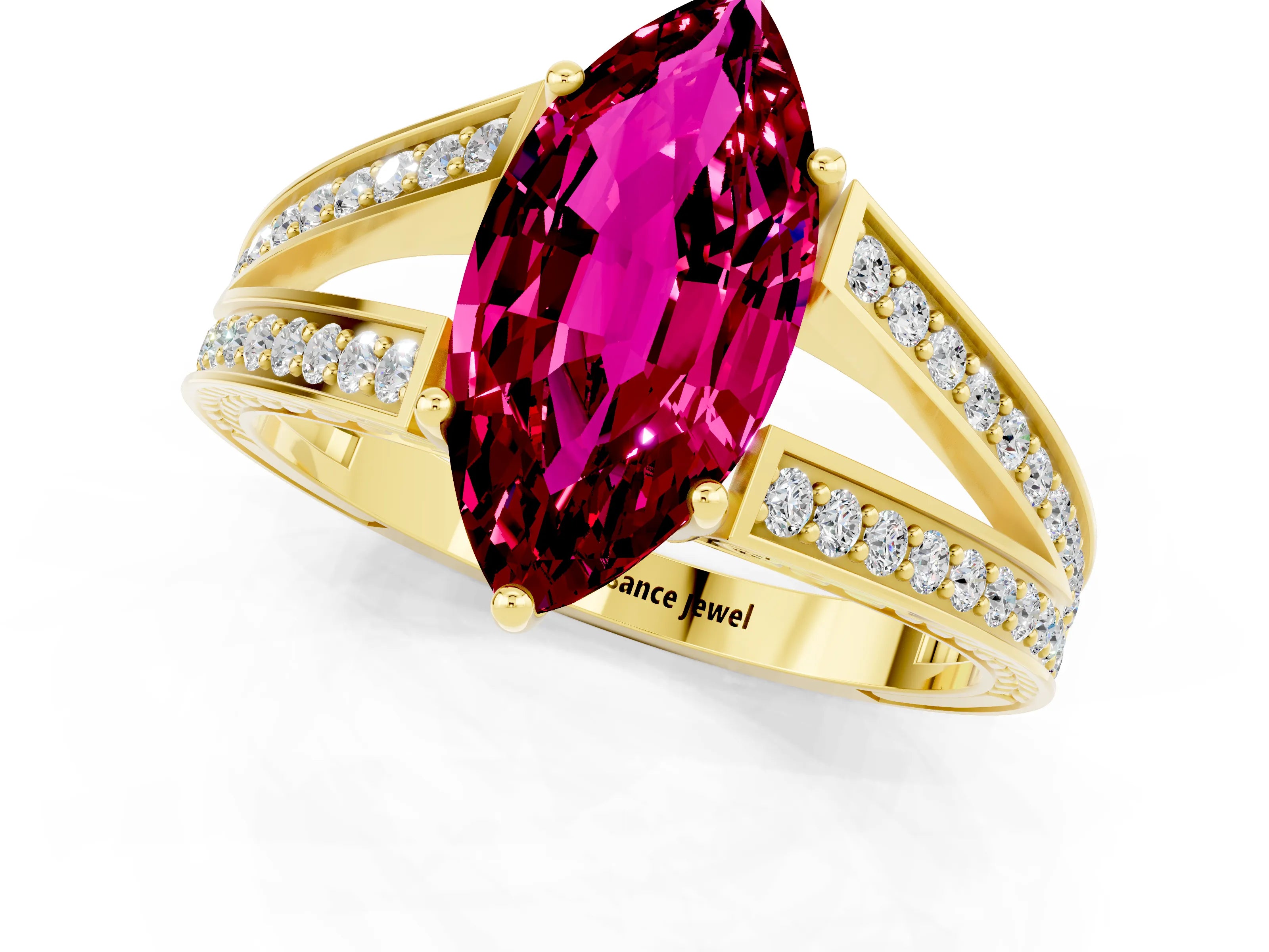 Yellow gold Marquise Cut Garnet Split Shank Ring with Pavé Band and Four-Prong Setting_1