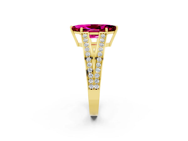 Yellow gold Marquise Cut Garnet Split Shank Ring with Pavé Band and Four-Prong Setting