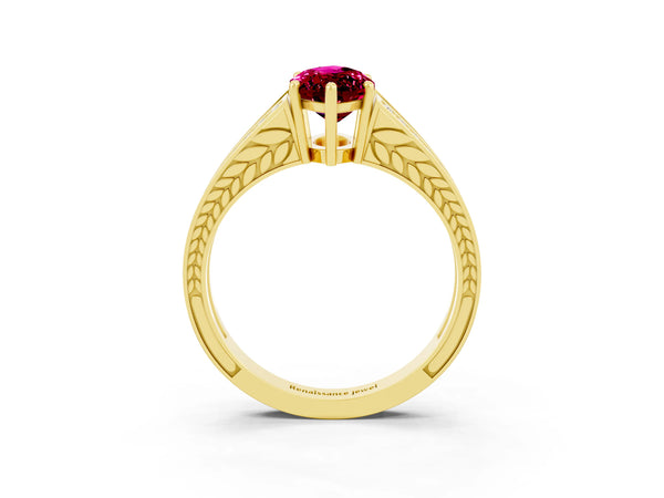 Yellow gold Marquise Cut Garnet Split Shank Ring with Pavé Band and Four-Prong Setting