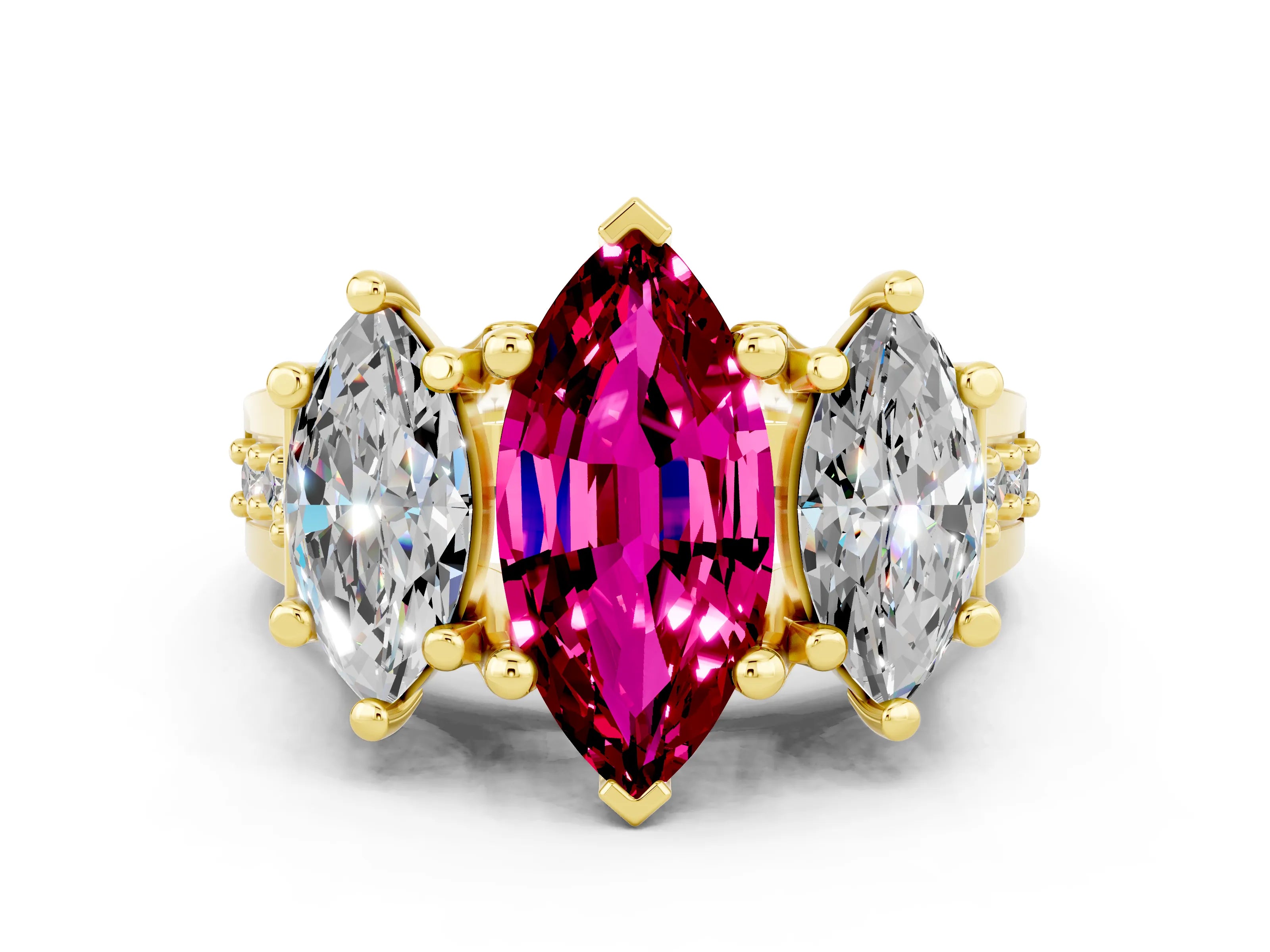Yellow gold Marquise Cut Garnet Three-Stone Ring with Channel Set Band and Four-Prong Setting