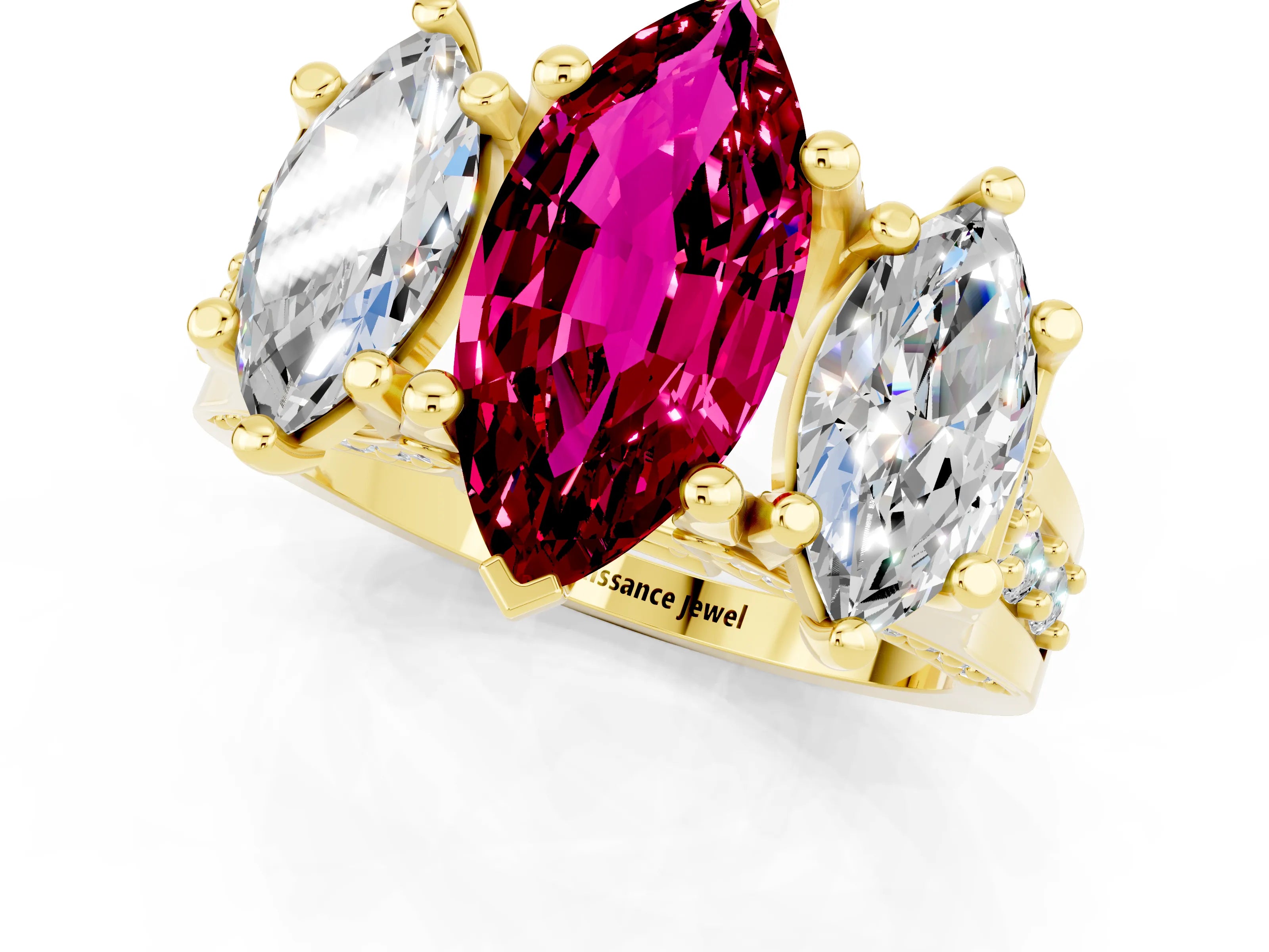 Yellow gold Marquise Cut Garnet Three-Stone Ring with Channel Set Band and Four-Prong Setting_1