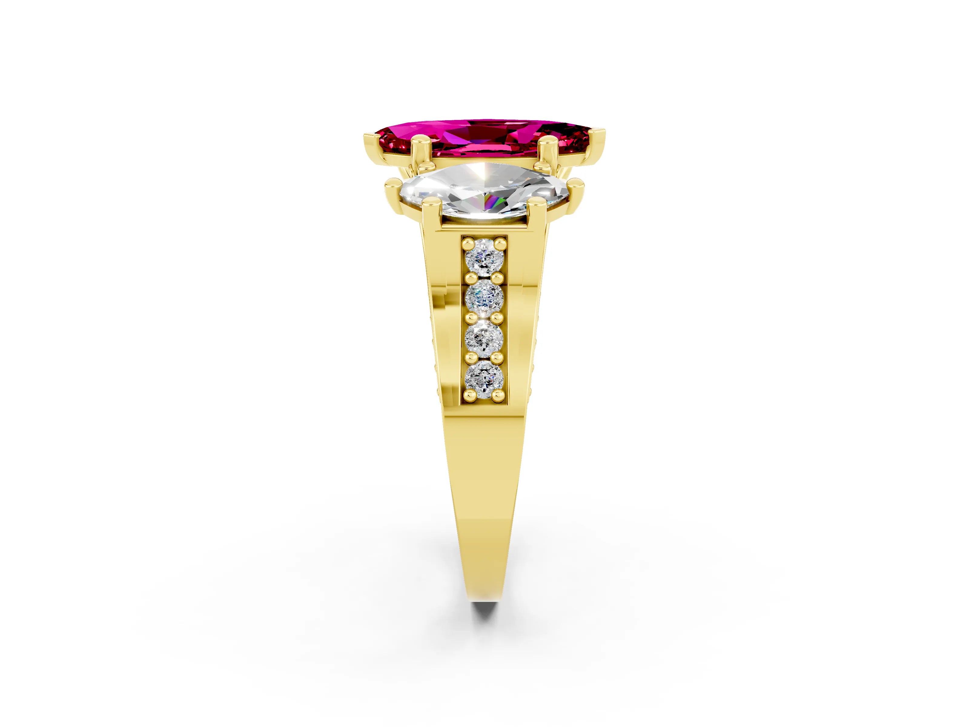 Yellow gold Marquise Cut Garnet Three-Stone Ring with Channel Set Band and Four-Prong Setting_2