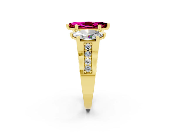 Yellow gold Marquise Cut Garnet Three-Stone Ring with Channel Set Band and Four-Prong Setting