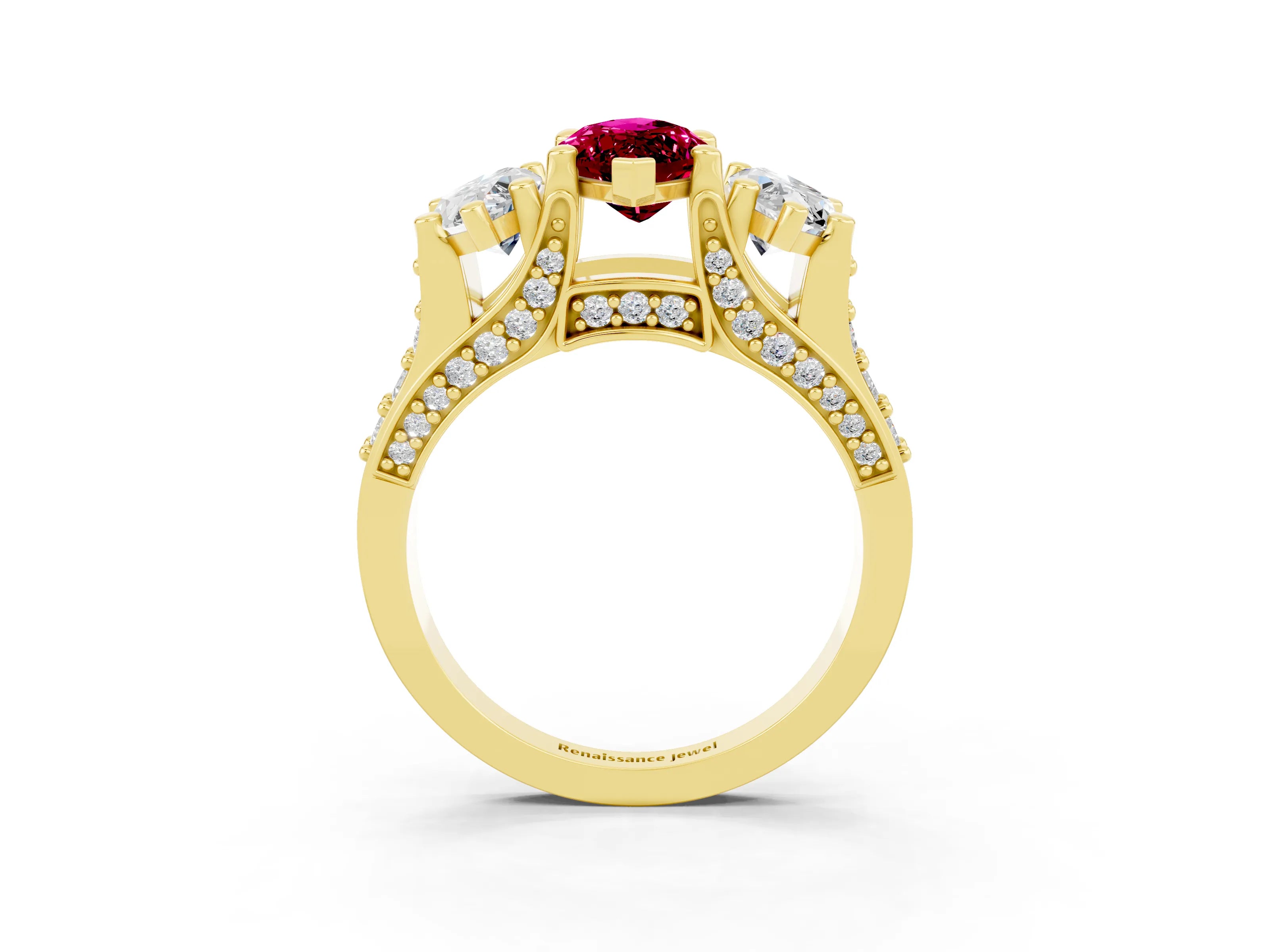 Yellow gold Marquise Cut Garnet Three-Stone Ring with Channel Set Band and Four-Prong Setting_3