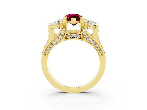 Yellow gold Marquise Cut Garnet Three-Stone Ring with Channel Set Band and Four-Prong Setting