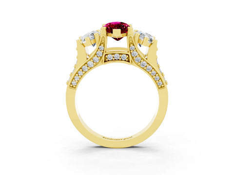 Yellow gold Marquise Cut Garnet Three-Stone Ring with Channel Set Band and Four-Prong Setting_3