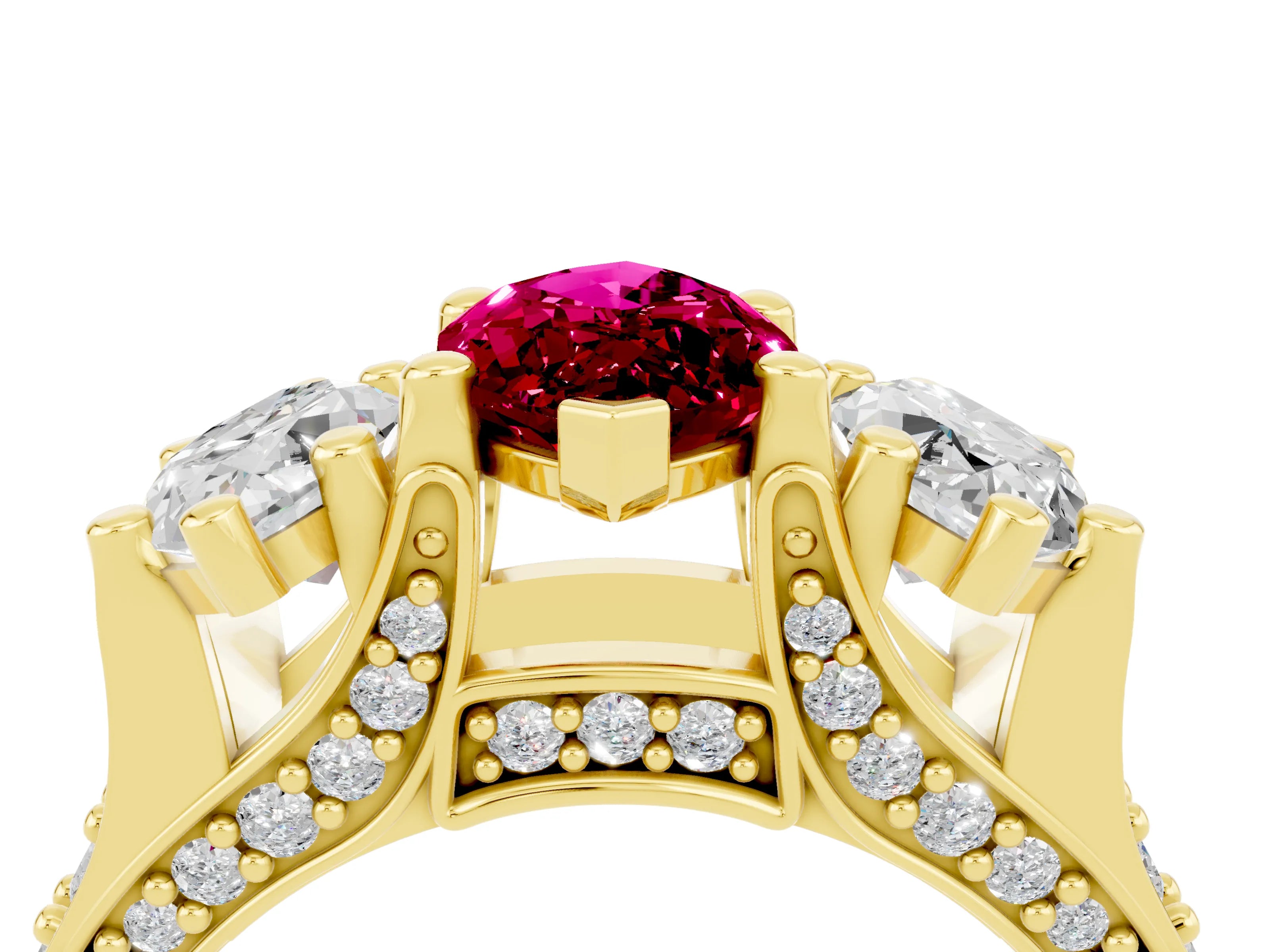 Yellow gold Marquise Cut Garnet Three-Stone Ring with Channel Set Band and Four-Prong Setting_4