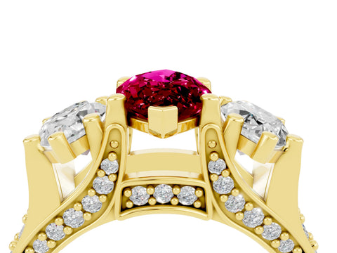Yellow gold Marquise Cut Garnet Three-Stone Ring with Channel Set Band and Four-Prong Setting_4