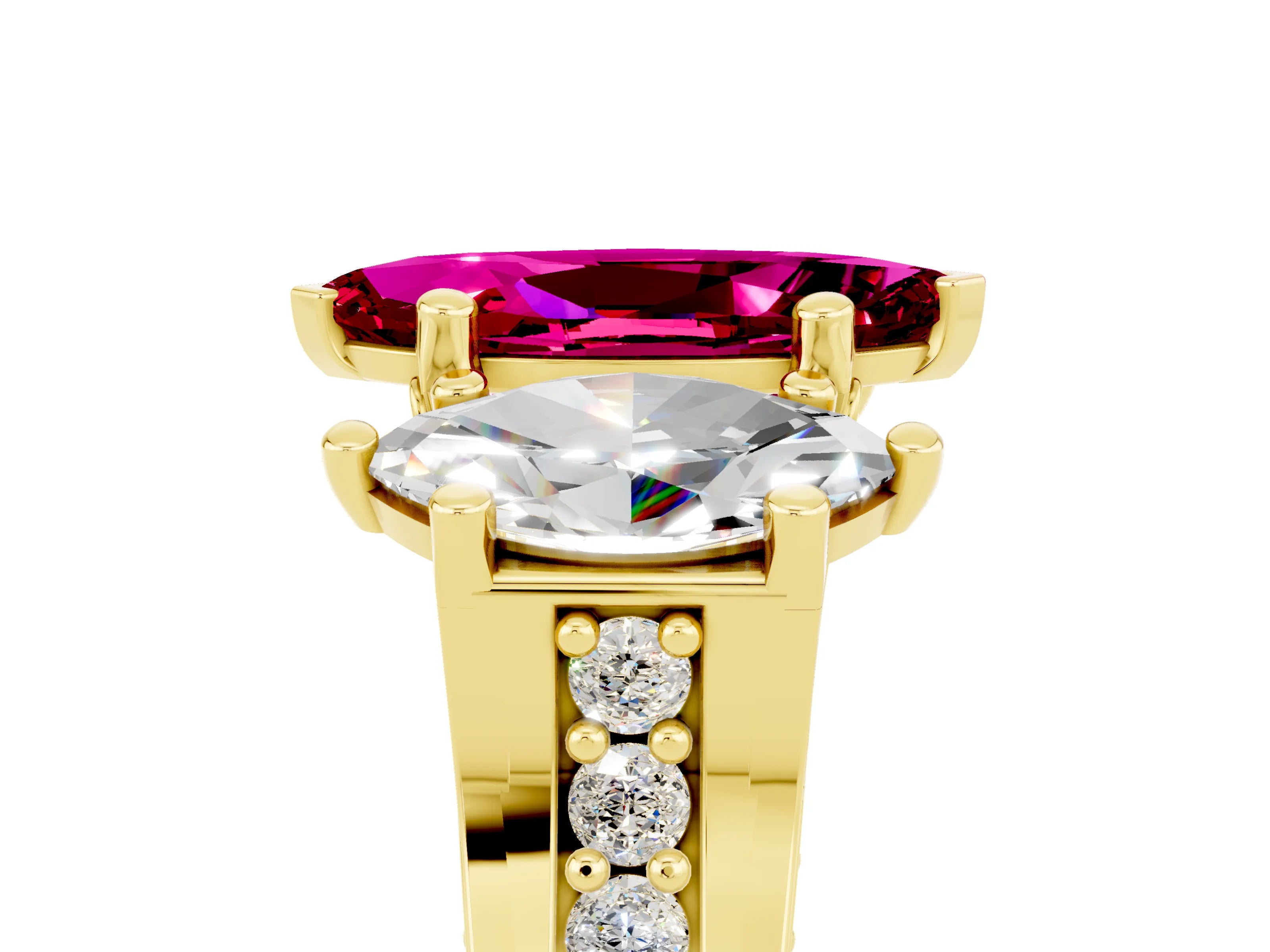 Yellow gold Marquise Cut Garnet Three-Stone Ring with Channel Set Band and Four-Prong Setting_5