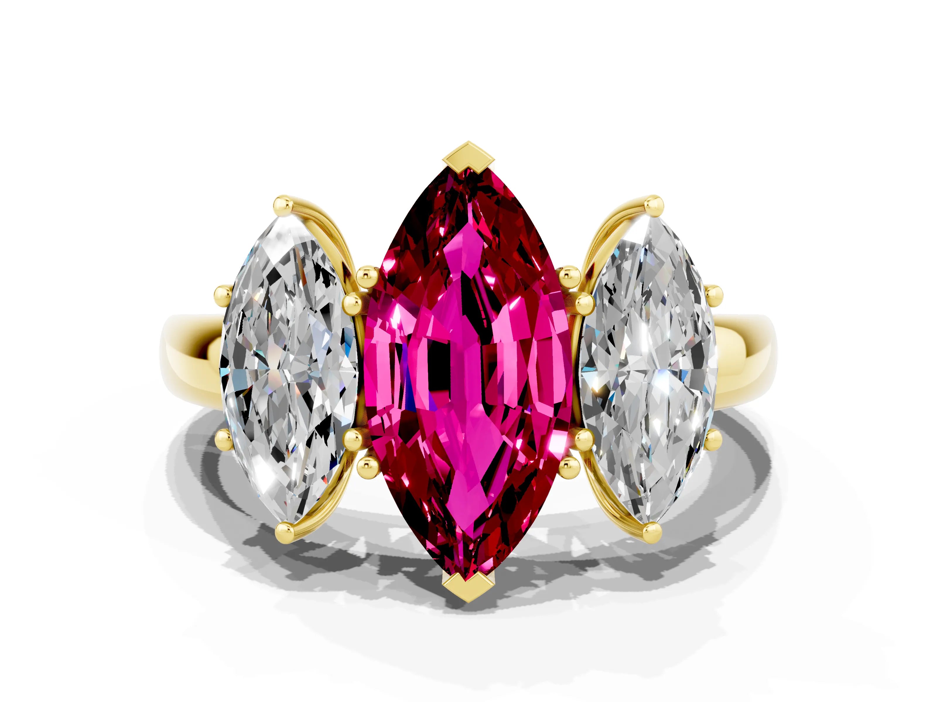 Yellow gold Marquise Cut Garnet Three-Stone Ring with Four-Prong Setting and Classic Band