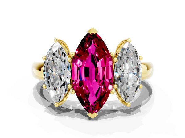 Yellow gold Marquise Cut Garnet Three-Stone Ring with Four-Prong Setting and Classic Band
