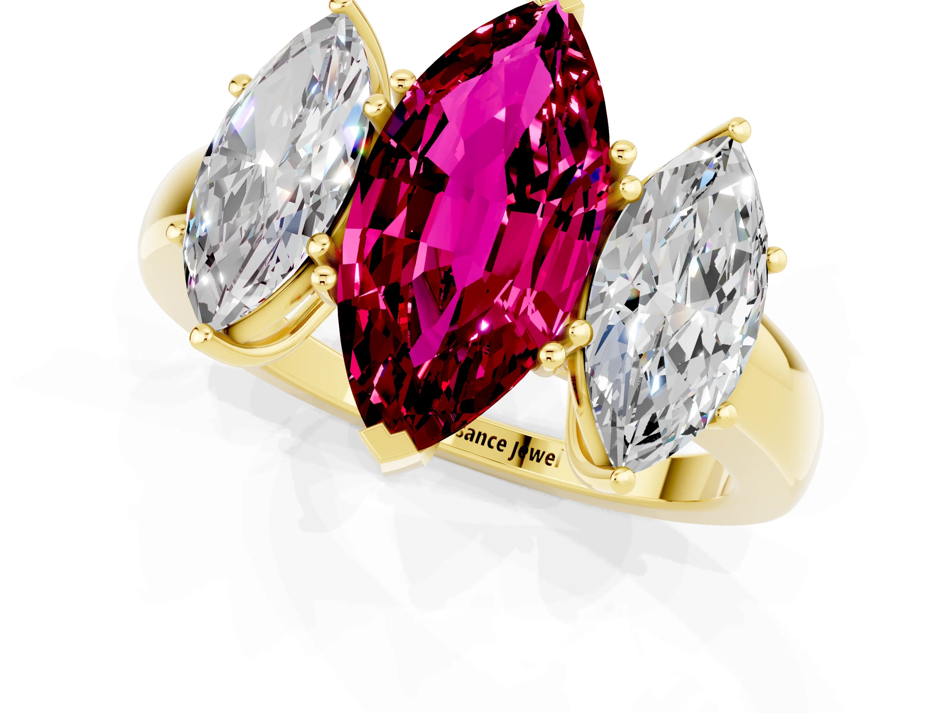 Yellow gold Marquise Cut Garnet Three-Stone Ring with Four-Prong Setting and Classic Band_1