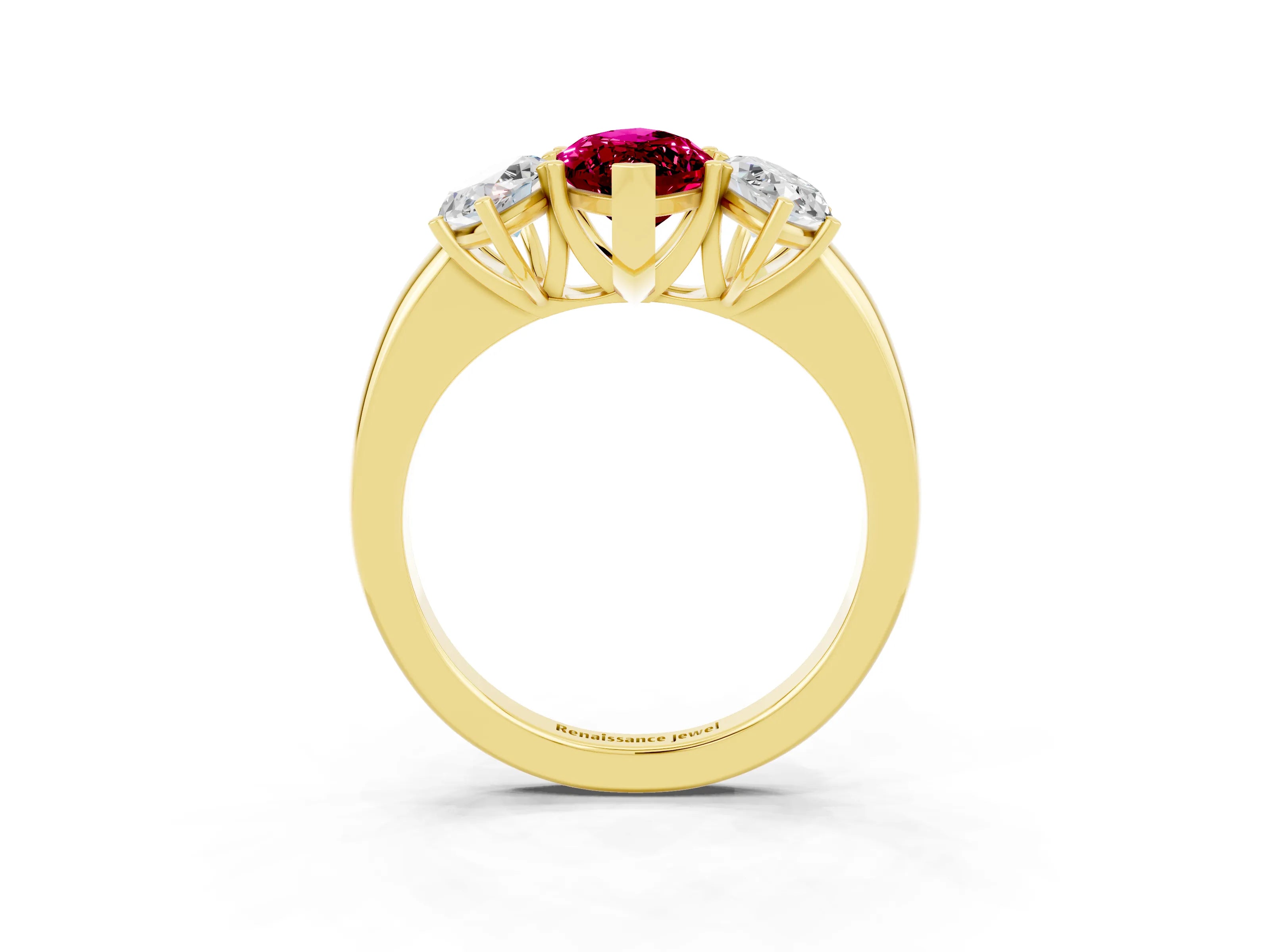 Yellow gold Marquise Cut Garnet Three-Stone Ring with Four-Prong Setting and Classic Band_3