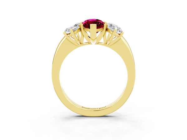 Yellow gold Marquise Cut Garnet Three-Stone Ring with Four-Prong Setting and Classic Band