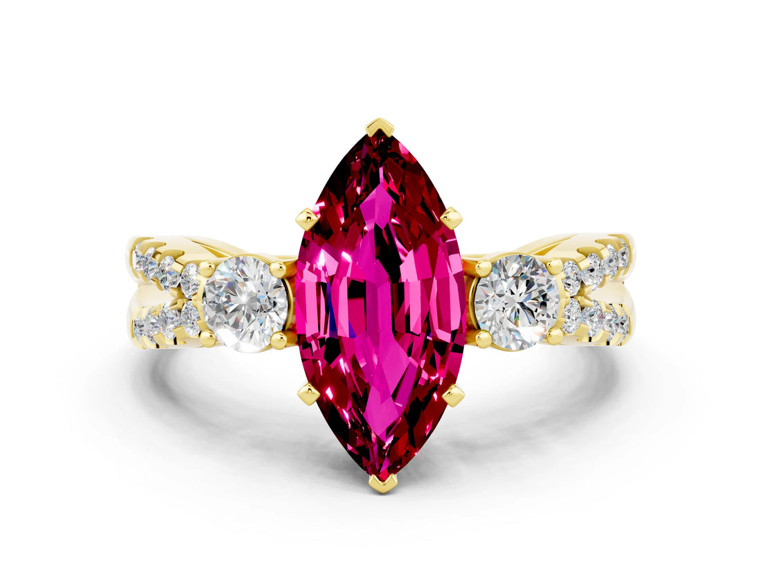 Yellow gold Marquise Cut Garnet Three-Stone Ring with Pavé Split Shank and Four-Prong Setting_12