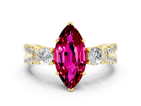Yellow gold Marquise Cut Garnet Three-Stone Ring with Pavé Split Shank and Four-Prong Setting_12