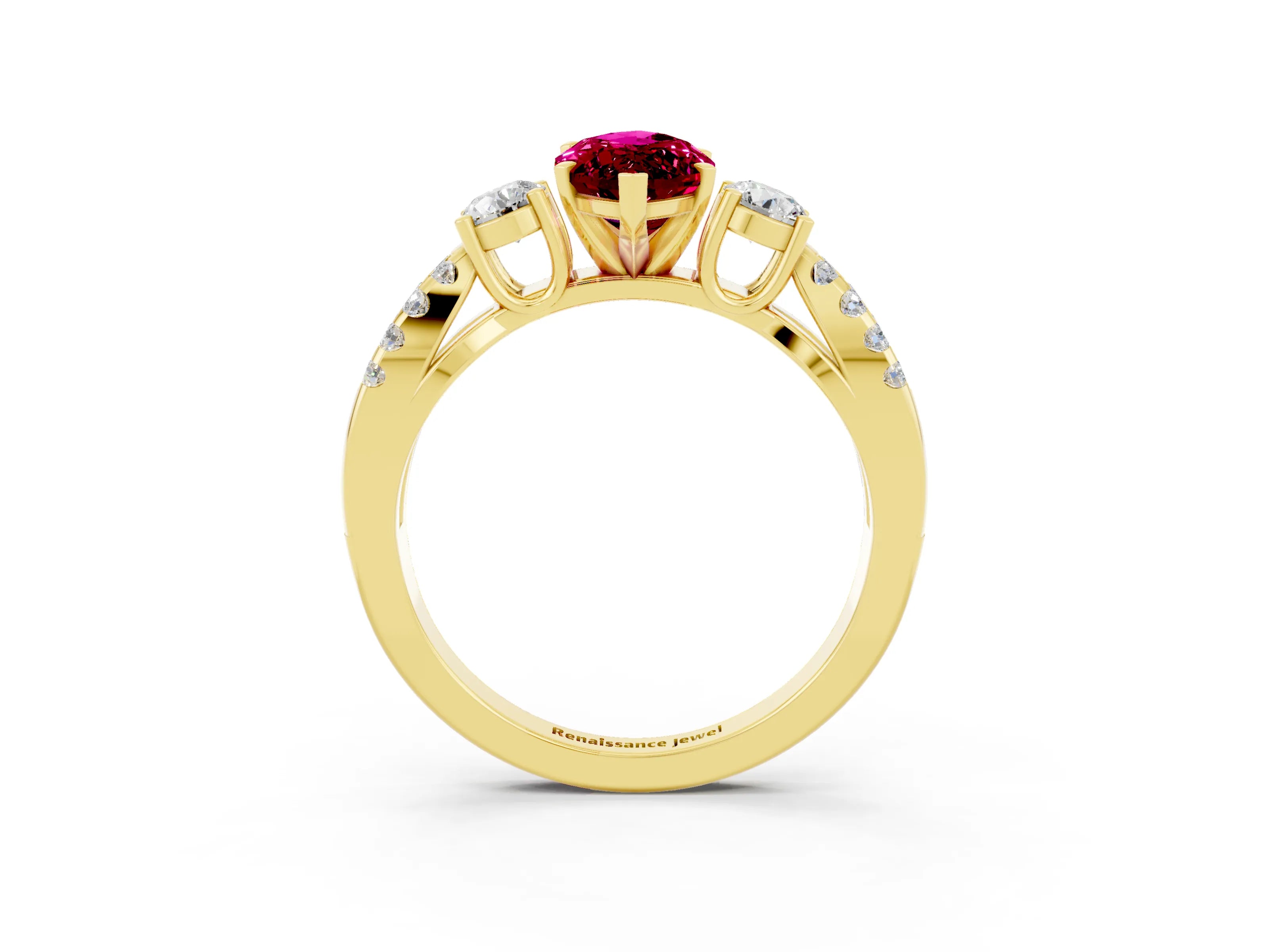 Yellow gold Marquise Cut Garnet Three-Stone Ring with Pavé Split Shank and Four-Prong Setting_15