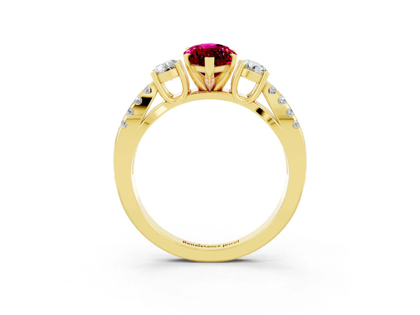 Yellow gold Marquise Cut Garnet Three-Stone Ring with Pavé Split Shank and Four-Prong Setting