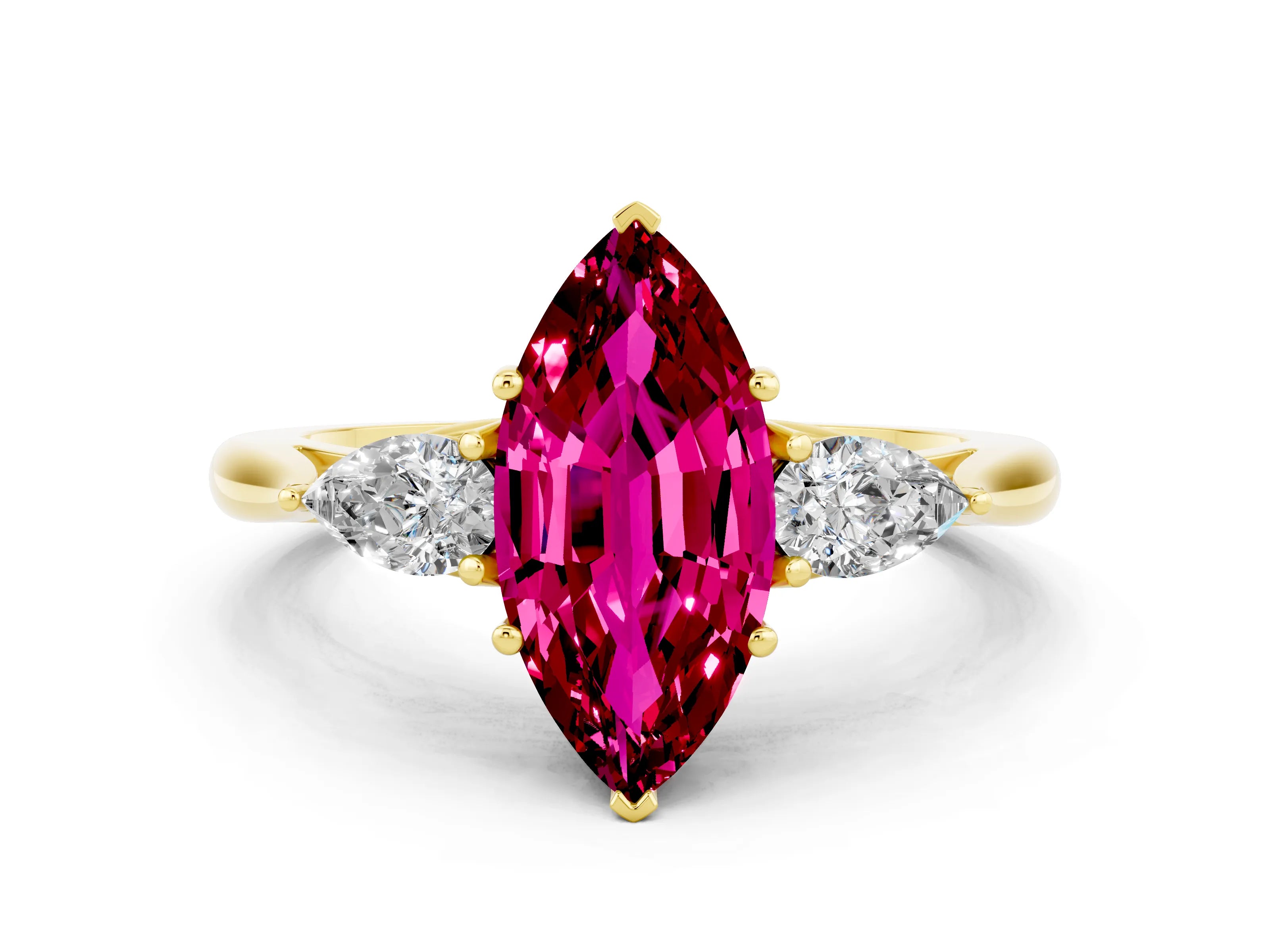 Yellow gold Marquise Cut Garnet Three-Stone Ring with Pear Side Stones and Four-Prong Setting_12
