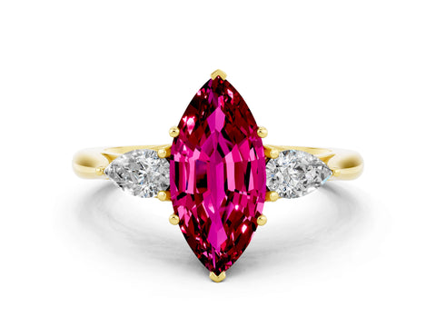 Yellow gold Marquise Cut Garnet Three-Stone Ring with Pear Side Stones and Four-Prong Setting_12
