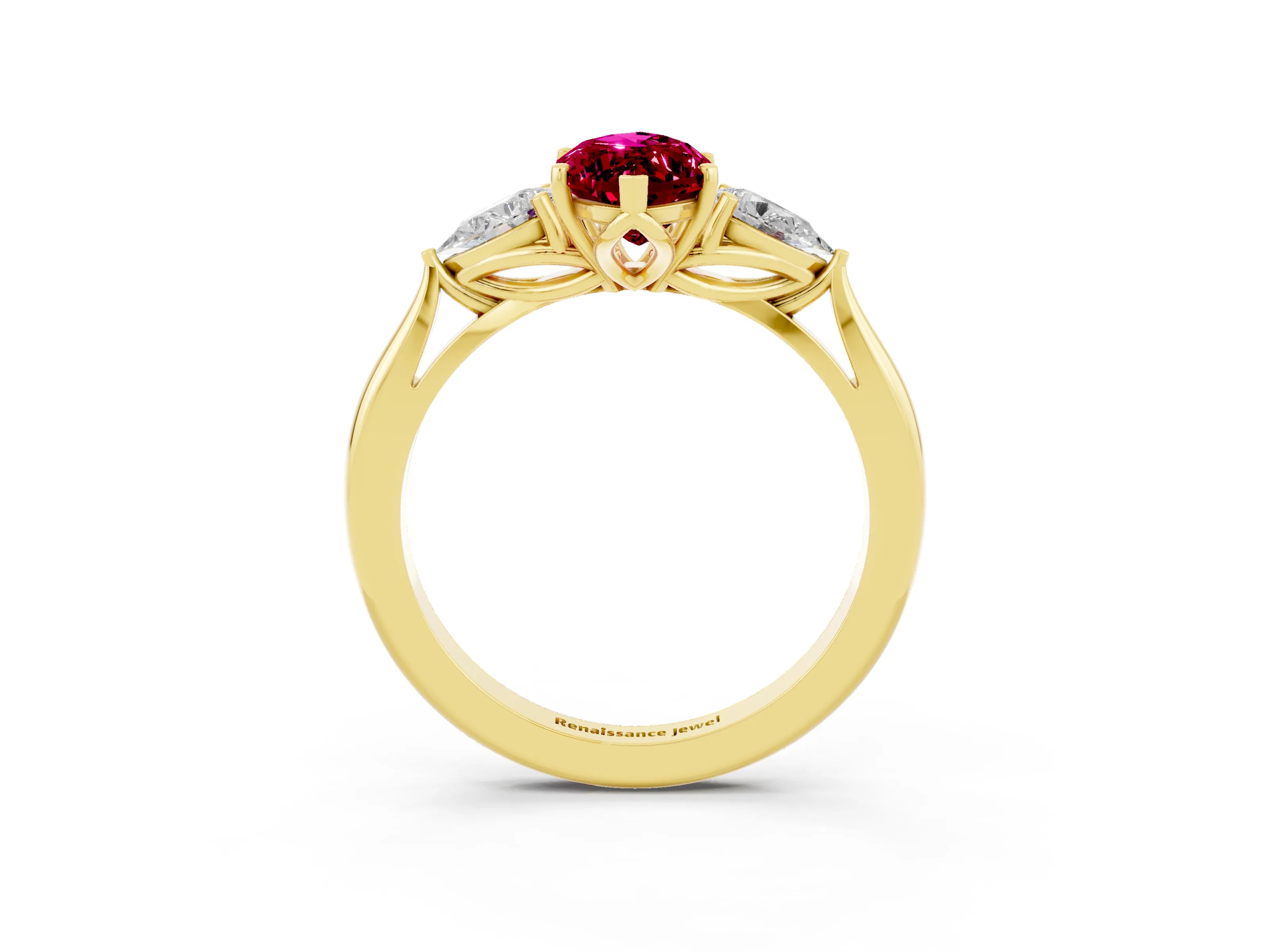 Yellow gold Marquise Cut Garnet Three-Stone Ring with Pear Side Stones and Four-Prong Setting_15