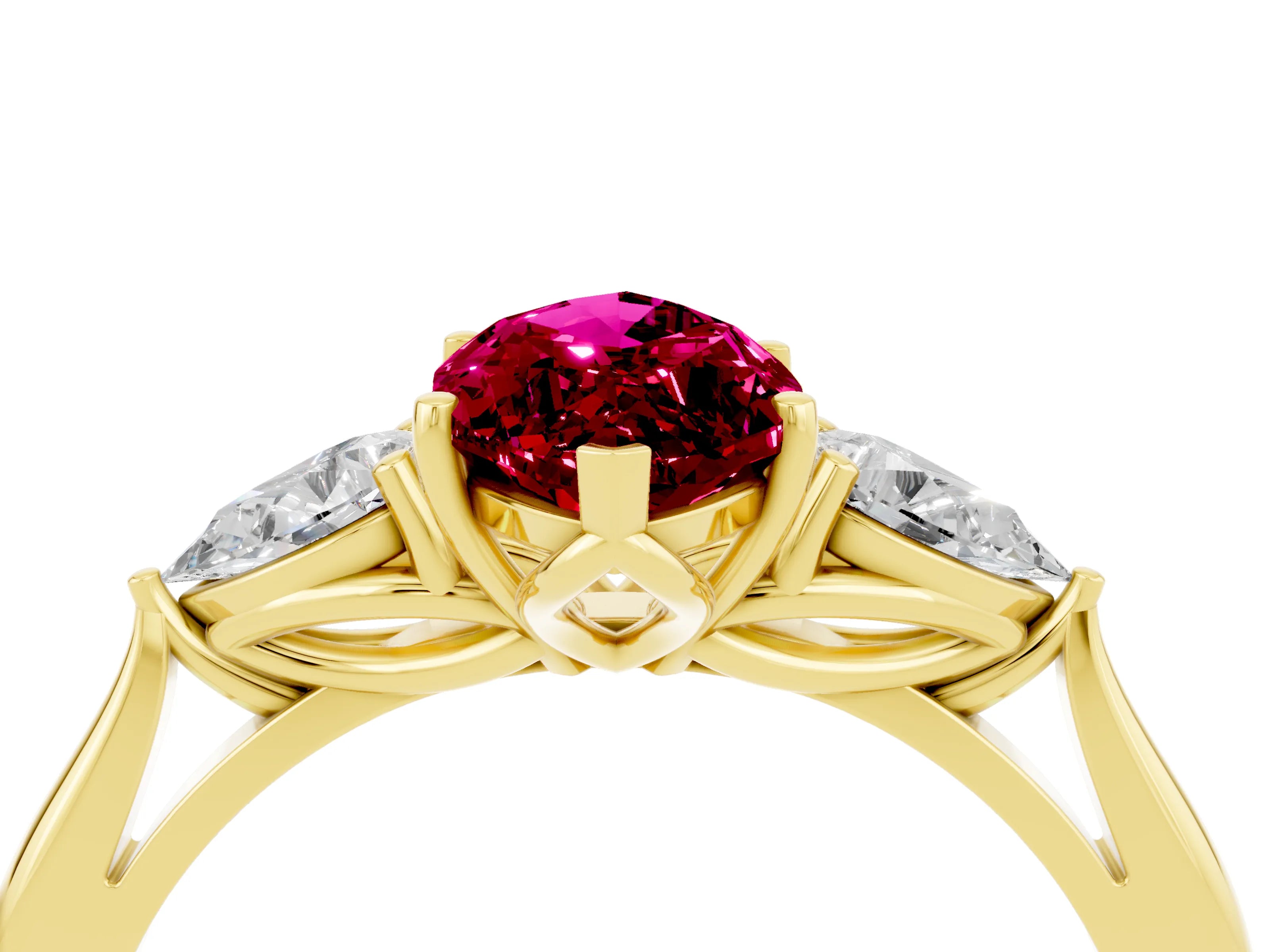 Yellow gold Marquise Cut Garnet Three-Stone Ring with Pear Side Stones and Four-Prong Setting_16