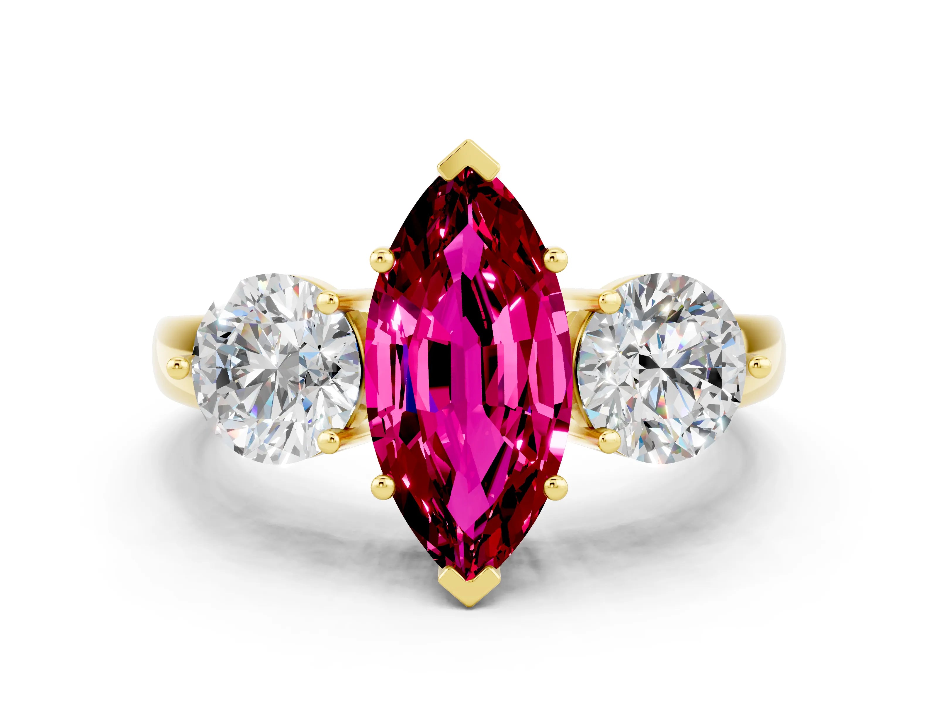 Yellow gold Marquise Cut Garnet Three-Stone Ring with Prong Setting and Classic Band