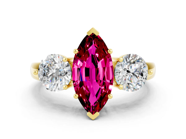 Yellow gold Marquise Cut Garnet Three-Stone Ring with Prong Setting and Classic Band