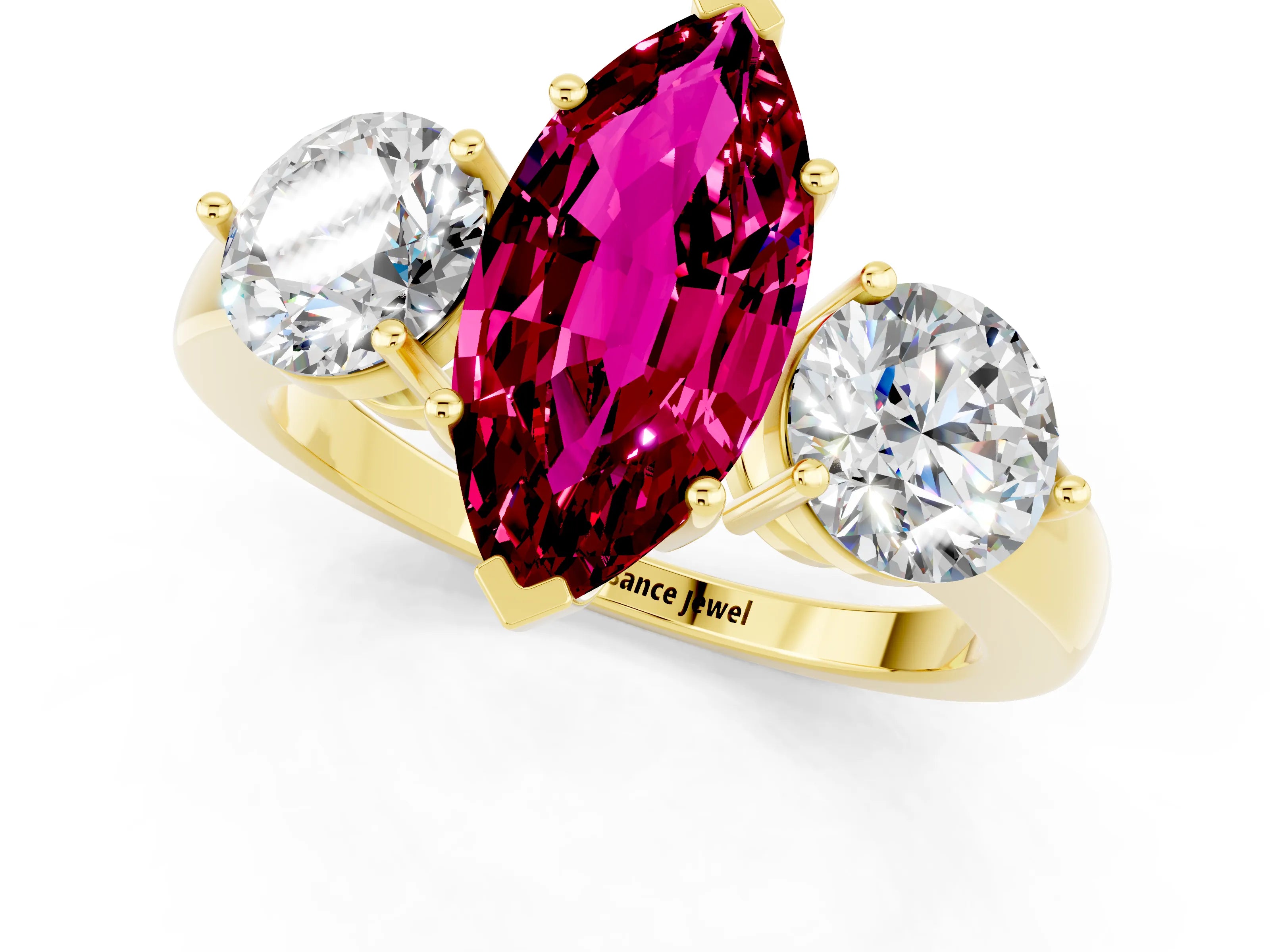 Yellow gold Marquise Cut Garnet Three-Stone Ring with Prong Setting and Classic Band_1