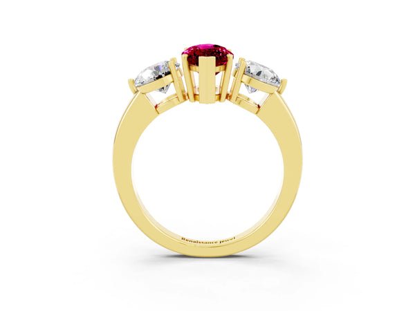 Yellow gold Marquise Cut Garnet Three-Stone Ring with Prong Setting and Classic Band