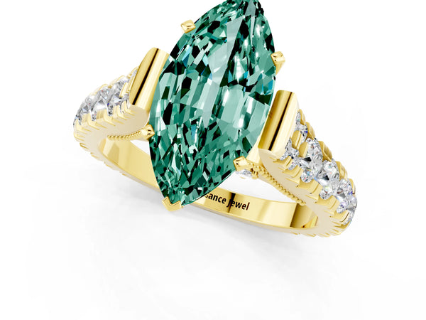 Yellow gold Marquise Cut Green Sapphire Classic Solitaire Ring with Pavé Band and Four-Prong Setting