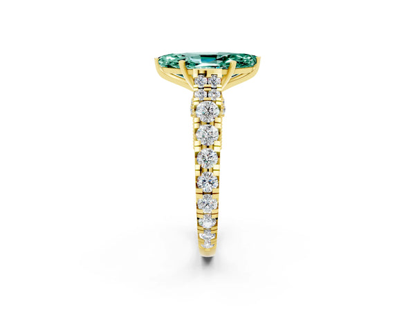 Yellow gold Marquise Cut Green Sapphire Classic Solitaire Ring with Pavé Band and Four-Prong Setting