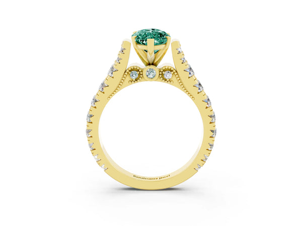 Yellow gold Marquise Cut Green Sapphire Classic Solitaire Ring with Pavé Band and Four-Prong Setting