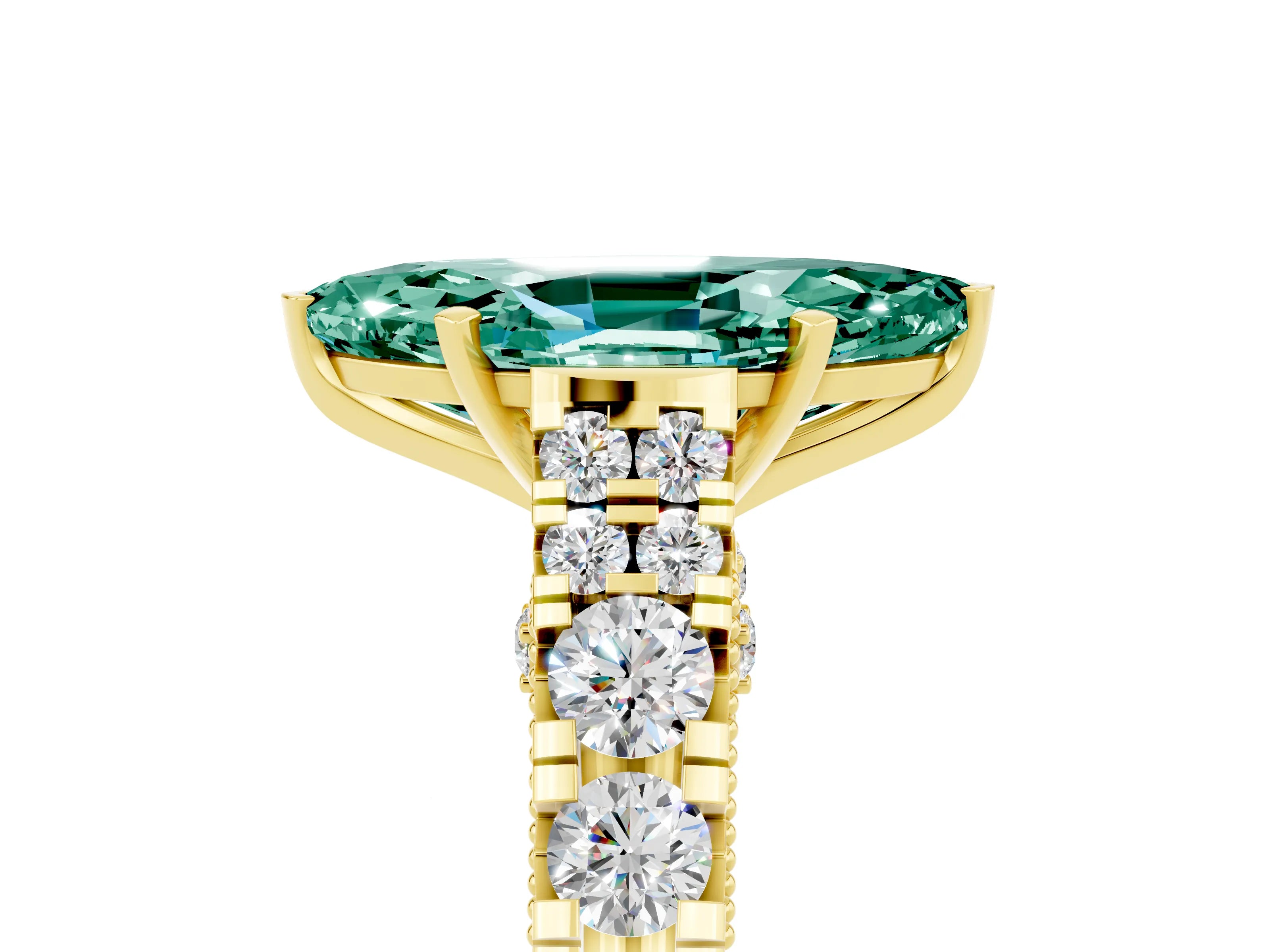 Yellow gold Marquise Cut Green Sapphire Classic Solitaire Ring with Pavé Band and Four-Prong Setting_5